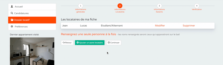 Dans l'onglet "dossier locatif", vous pouvez renseigner vos éventuels colocataires