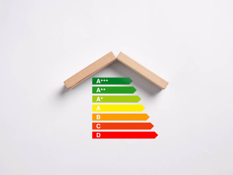 Classement des performances énergétiques des logements illustré par des flèches colorées sous un toit en bois symbolisant l'immobilier. De haut en bas : flèche verte foncée A+++, verte A++, vert clair A+, jaune A, orange B, rouge clair C et rouge foncé D. Image représentant l'importance du Diagnostic de Performance Énergétique (DPE) pour évaluer et améliorer l'efficacité énergétique d'un logement, particulièrement utile si votre DPE est encore vierge et nécessite une mise à jour ou une réalisation pour se conformer aux réglementations en vigueur.
