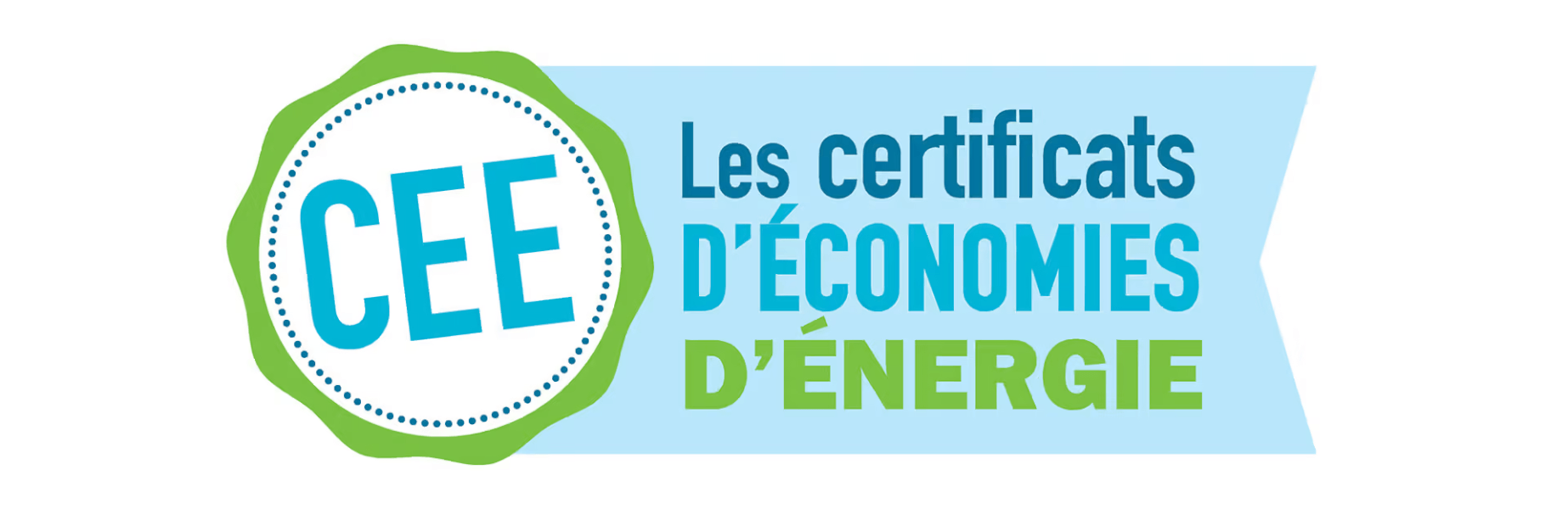 Logo des Certificats d’Économies d’Énergie CEE illustrant le dispositif d’incitation aux économies d’énergie en France. Le visuel montre une forme circulaire verte avec un contour en pointillés contenant les lettres CEE en bleu clair, à côté du texte Les certificats d’économies d’énergie écrit en bleu et vert. Ce graphisme est utilisé pour expliquer le fonctionnement du mécanisme des CEE, un outil réglementaire visant à encourager les acteurs à réaliser des travaux d’efficacité énergétique et à réduire la consommation d’énergie des ménages et des entreprises. Idéal pour accompagner un article détaillant les principes, les obligations et les avantages des Certificats d’Économies d’Énergie.